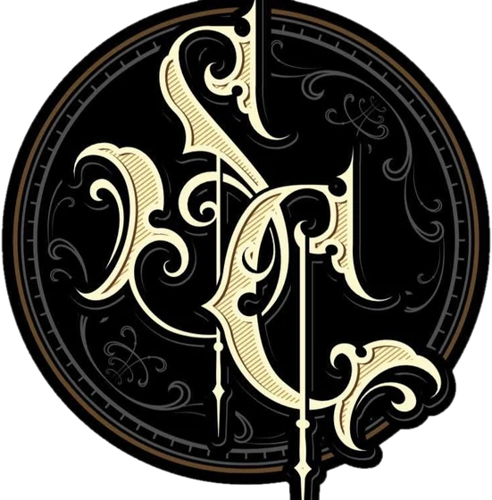 The Sacred Crown Tattoo Company logo: an ornate cream S and C monogram on a black round badge